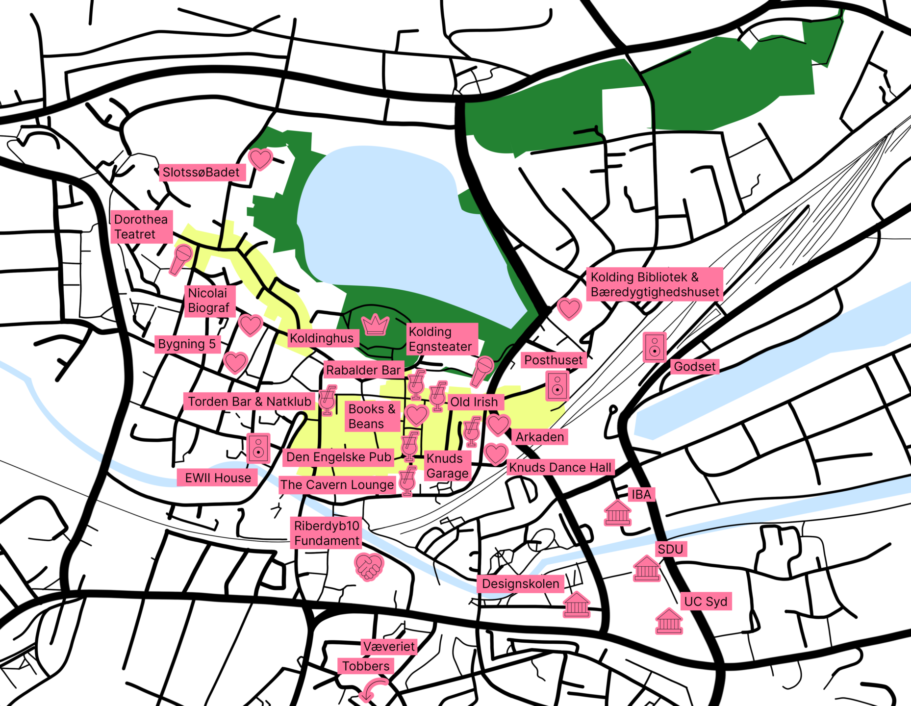Kort over Kolding med markering af de relevante steder for de studerende